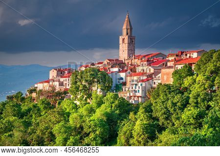 Vrbnik, Croatia. Breathtaking Evening Cityscape Of Vrbnik Village, Dramatic Summer Adriatic Sea. Bea