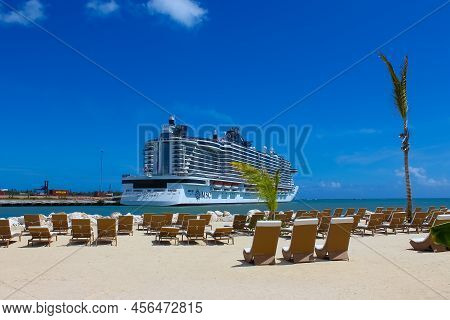 Msc Seashore Cruise Ship Docked At Tropical Island