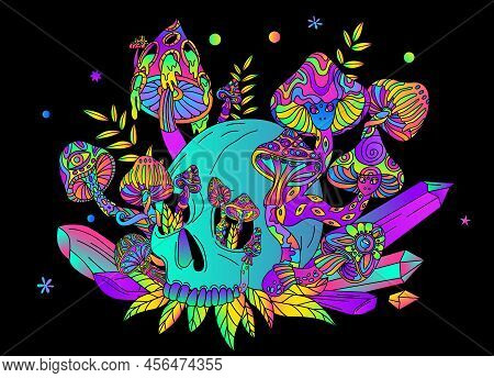 Trippy Mushroom Skull Composition With Gradient Neon Colored Mushrooms And Leaves Growing Out Of Hum