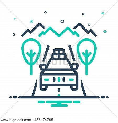 Mix Icon For Trip Promenade Excursion Jaunt Outing Travel Trek Tour Bushes Countryside Road Car