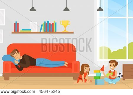 Man Dad Character Sleeping On Sofa With Kids Playing Toy Blocks On The Floor Vector Illustration