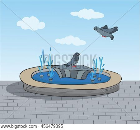 City Decoration Element With Splashing Blue Water And Funny Doves