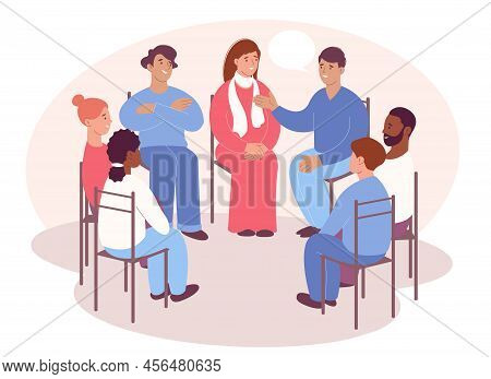 People Are Sitting In A Circle On Chairs. Concept Of Group Therapy, Addiction Treatment, Group Psych