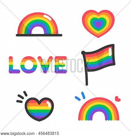 Hearts Flags And Rainbows For Pride Month Sticker Kawaii Doodle Cartoon Vector