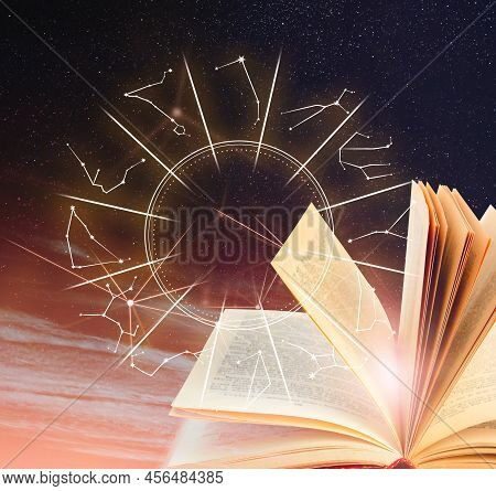 Open Book, Illustration Of Zodiac Wheel With Astrological Signs And Starry Sky At Night
