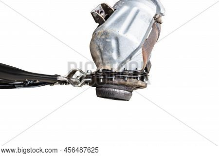 Large Car Catalytic Converter With Pipe Shears, Isolated On A White Background With A Clipping Path.