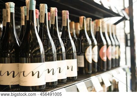 Lviv, Ukraine - February 20, 2022 : Bad Boy Store, Shelves With Austrian Wine Bottles At Liquor Stor