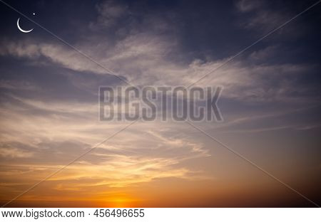 Ramadan, Eid Ai-fitr,new Year Muharram Islamic Religion Symbols With Moon Silhouette On Blur Dark Re