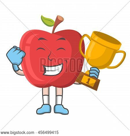 Cartoon Mascot Of Red Apple Holding A Trophy , Character Design