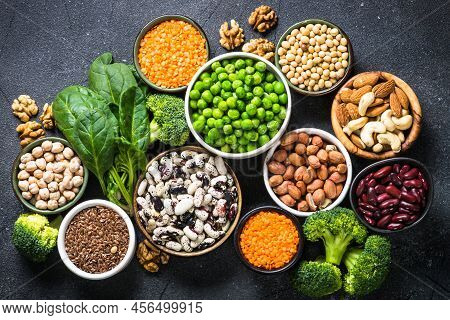 Vegan Protein Source, Healthy Nutrition Food. Legumes, Beans, Nuts, Vegetables And Seeds. Top View O