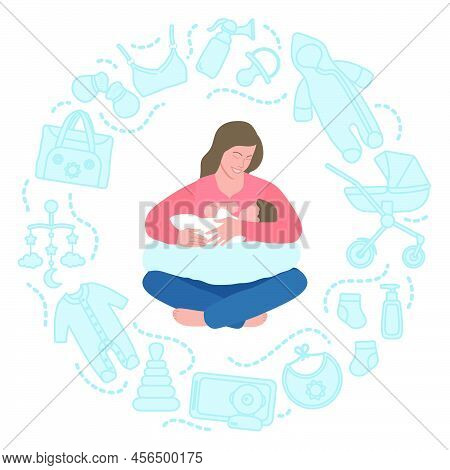 Vector Illustration Baby Care Items. Motherhood Happy New Mom Holds Her Baby. Woman Hugs Infant. Fee
