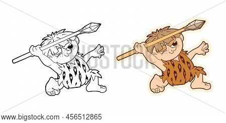 A Set Of Funny Stickers Of A Prehistoric Primitive Man, Dynamic Figures Of A Character In A Cartoon 