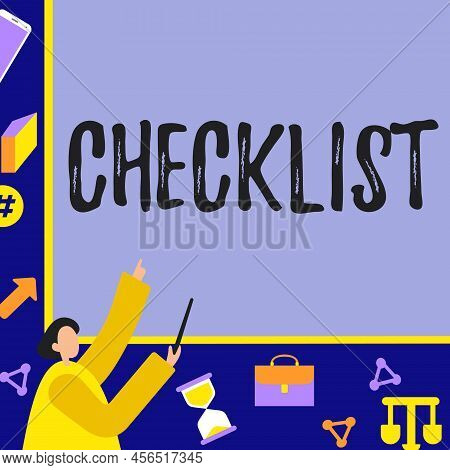 Handwriting Text Checklist. Word For List Down Of The Detailed Activity As Guide Of Doing Something 