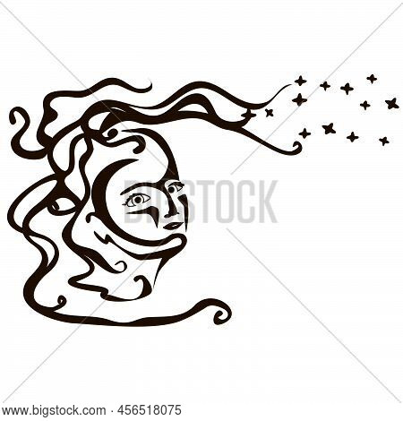 Stylized Fashion Woman With Long Hair In Flow And Sensual Face, Black Illustration Isolated On The W