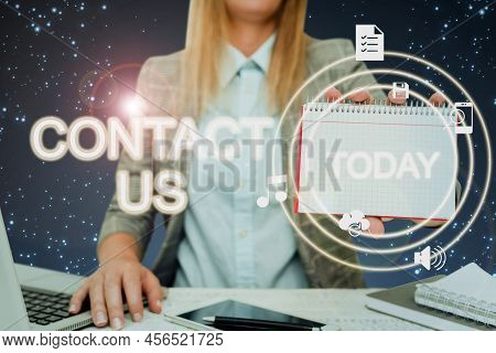 Hand Writing Sign Contact Us. Conceptual Photo Group Of Person That Rendering Costumer Service Throu