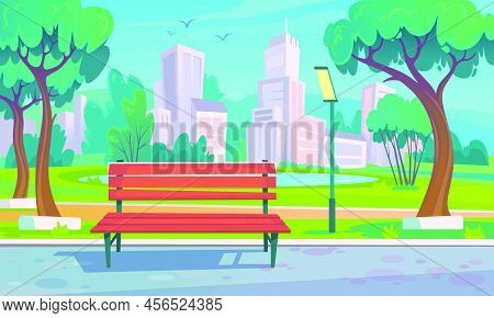 City Park With A Lake. Empty Wooden Bench, Trees, Street Light, Green Bushes, Road, And Pathway. Bea