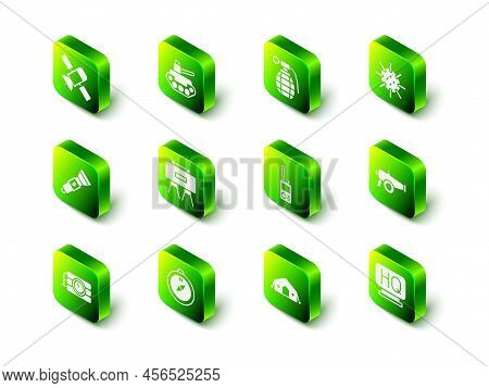 Set Military Tank, Hand Grenade, Naval Mine, Cannon, Headquarters, Walkie Talkie, Medical Tent And C