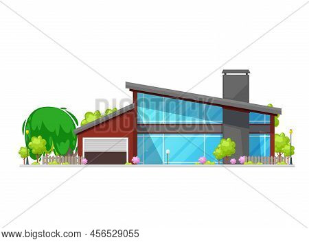Luxurious Modern House With Car Garage And Large Windows, Vector Home Exterior. Luxury Modern Townho