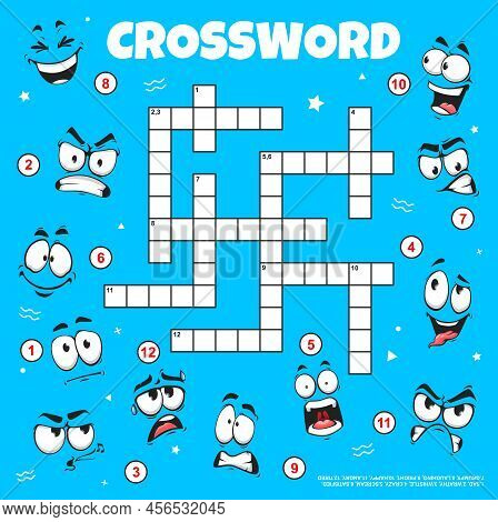 Cartoon Emoji Face Expressions, Crossword Grid To Find Word, Vector Quiz Game. Crossword Worksheet T