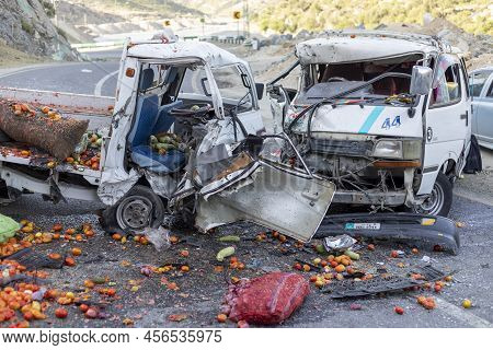 Dir, Kpk, Pakistan - June, 11, 2022: Passenger Van And Pickup Head To Head Collision Accident On Mai