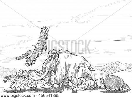 Composition Of A Graphic Prehistoric Animals And Caveman Walking In A Line
