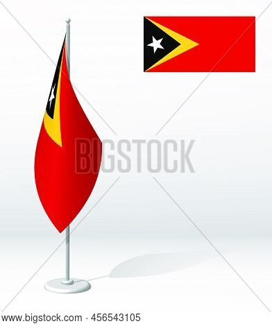 East Timor Flag On Flagpole For Registration Of Solemn Event, Meeting Foreign Guests. National Indep