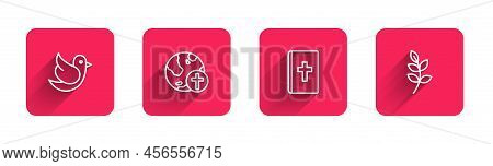 Set Line Dove, Christian Cross With Globe, Holy Bible Book And Willow Leaf With Long Shadow. Red Squ