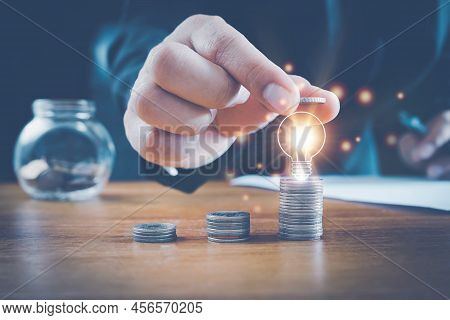 Businessman Coins Stacking On Desk With Note For Planning Money Finance.saving Money, Saving Money C