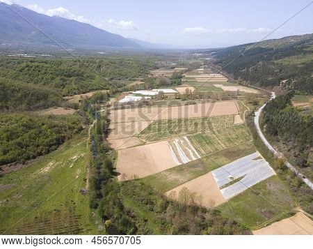 Aerial View Of Strumeshnitsa River Passing Through The Petrich Valley, Bulgaria