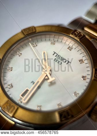 Poznan, Poland - 06.12.2022: Tissot Watch With Sapphire Crystal And Metal Bracelet Close-up. Macro V