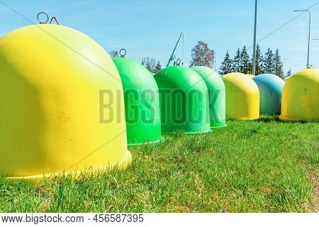 Garbage Bin Yellow Blue Green Old Dirty Sorted.garbage Sorting Concept.unused Old Conteiners. Green 