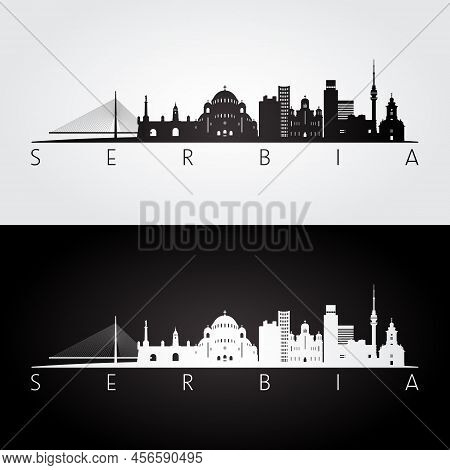 Serbia Skyline And Landmarks Silhouette, Black And White Design, Vector Illustration.