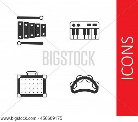 Set Tambourine, Xylophone, Guitar Amplifier And Music Synthesizer Icon. Vector