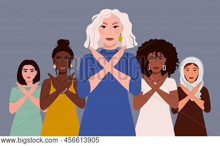 Break The Bias. A Group Of Women Of Different Nationalities. Vector Illustration Of The Movement Aga