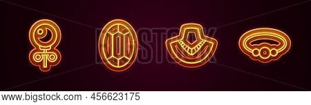Set Line Stud Earrings, Gem Stone, Necklace Mannequin And Bracelet Jewelry. Glowing Neon Icon. Vecto
