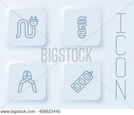 Set Line Electric Plug, Led Light Bulb, Pliers Tool And Extension. White Square Button. Vector