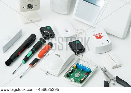 Close-up Of Home Security Equipment, On White Background.