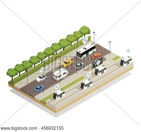 Smart City Traffic Assistance Technology Integrating Cars In Infrastructure Isometric View Busy Road