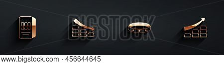Set Gold Bars 24k, Falling Arrow With Gold, Ring And Growth Icon With Long Shadow. Vector