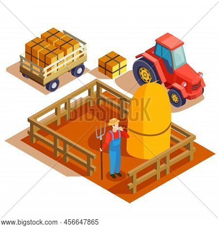 Gardener Isometric Composition With Agrimotor Pulling Cart And Farmer With Pitchfork And Haymow In F