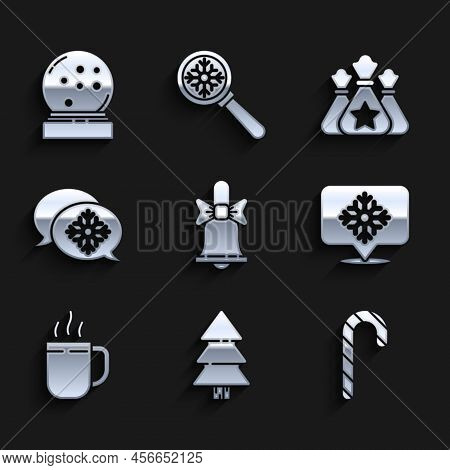 Set Merry Christmas Ringing Bell, Tree, Candy Cane With Stripes, Snowflake Speech Bubble, Coffee Cup