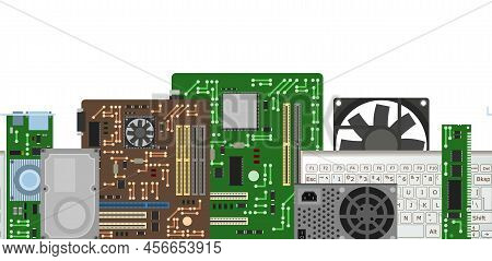 Set Of Spare Part For Personal Computer. Pc Laptop Accessories. Horizontally Seamless Background. Ha
