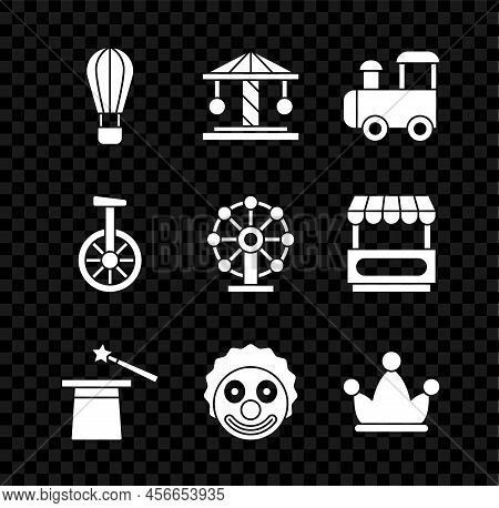 Set Hot Air Balloon, Attraction Carousel, Toy Train, Magic Hat And Wand, Clown Head, Jester With Bel