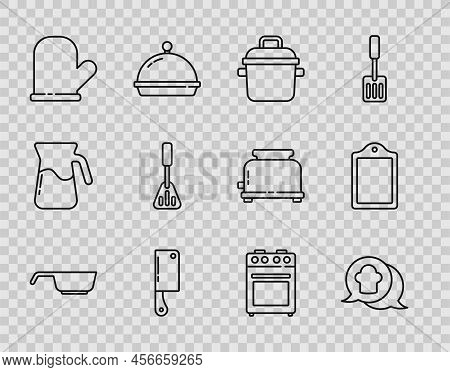 Set Line Frying Pan, Chef Hat Speech Bubble, Cooking Pot, Meat Chopper, Oven Glove, Spatula, And Cut
