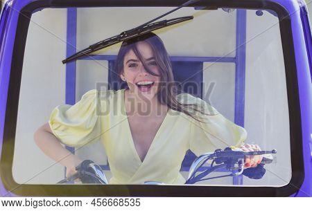 Funny Woman Draver In Electro Car. Saving Ecology. Electric Cars.