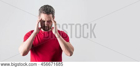 Man Face Portrait, Banner With Copy Space. Mature Man Suffer From Headache And Feel Unhappy, Copy Sp