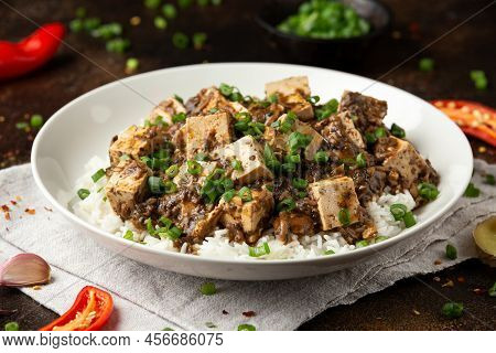 Vegan Mapo Tofu With Mushroom And Rice. Asian, Chinese Food