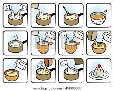 Doce iconos que representan una receta de un postre