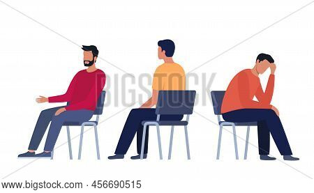 Men Are Sitting On Chairs. Men Sit In Different Poses On Chairs Turned From Different Sides. Vector 