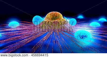 Lymphocytes Cell In The Immune System Reacting And Attacking A Spreading Cancer Cell - 3d Illustrati